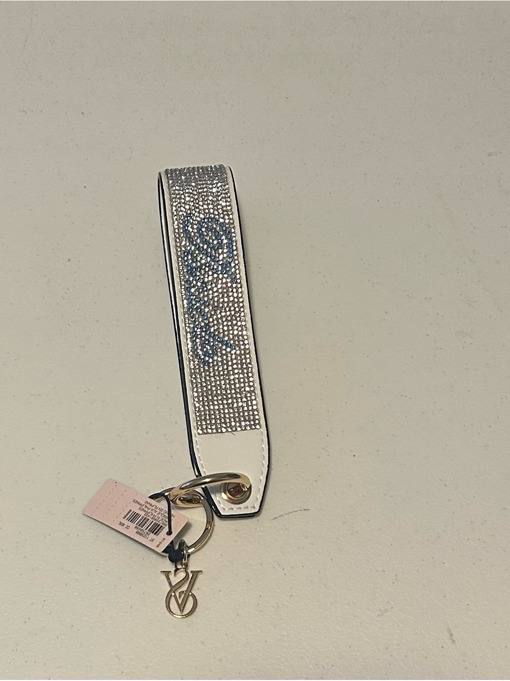 Victoria's Secret White Crystal Wristlet Keychain with Gold Logo Charm-BRIDE